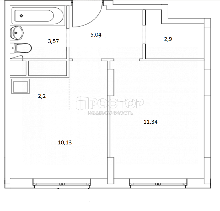 1-комнатная квартира, 35.1 м² - фото 2
