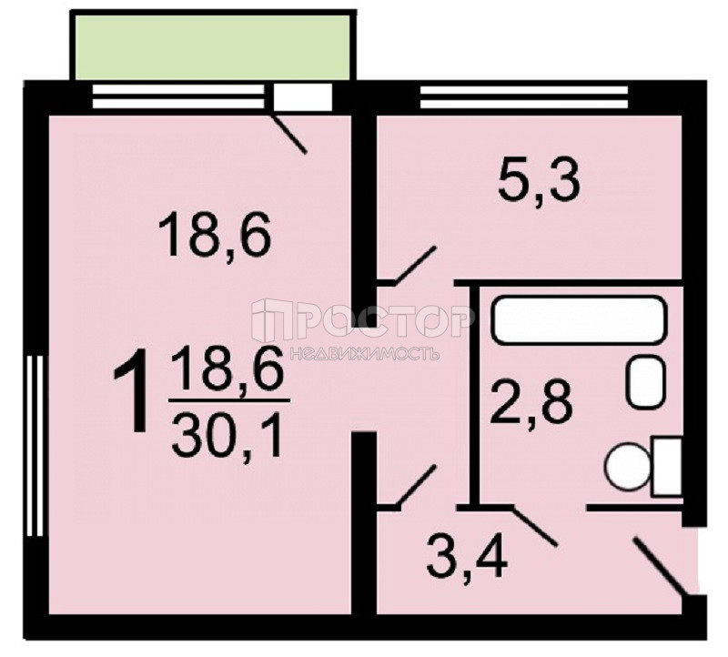 1-комнатная квартира, 30.1 м² - фото 17