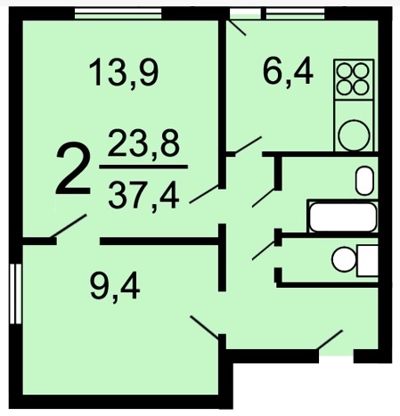 2-комнатная квартира, 38 м² - фото 17