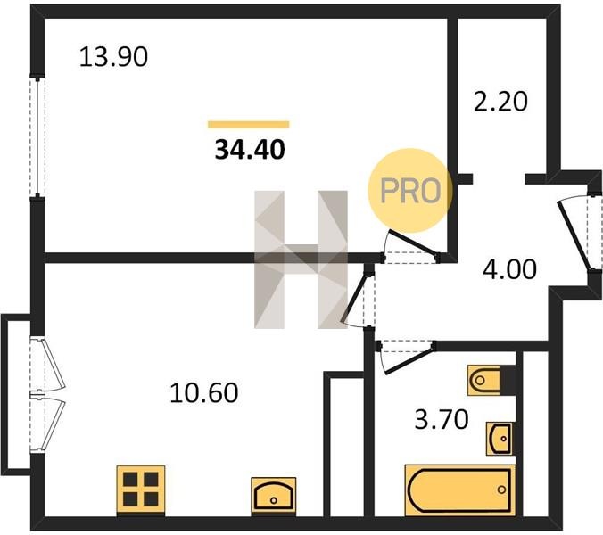 1-комнатная квартира, 34.4 м² - фото 4