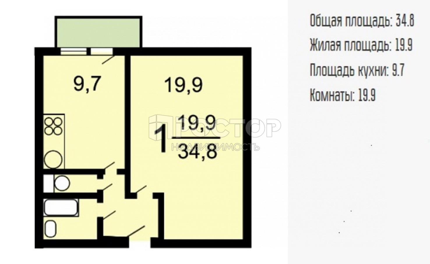 1-комнатная квартира, 34.8 м² - фото 10