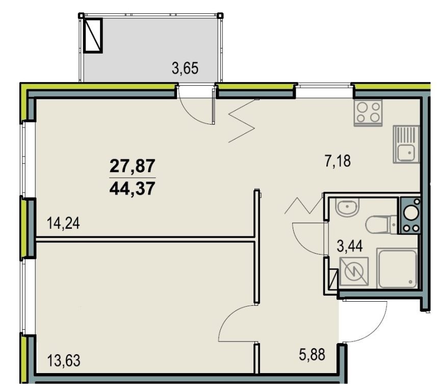 2-комнатная квартира, 44.4 м² - фото 2