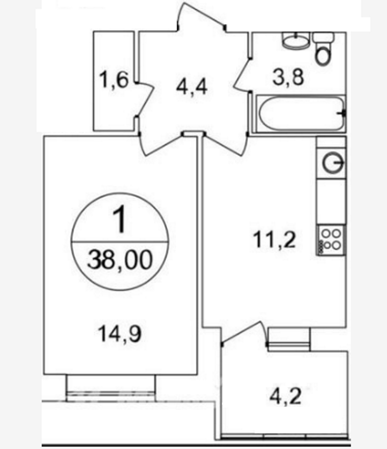 1-комнатная квартира, 38 м² - фото 2