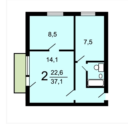 2-комнатная квартира, 37.8 м² - фото 2