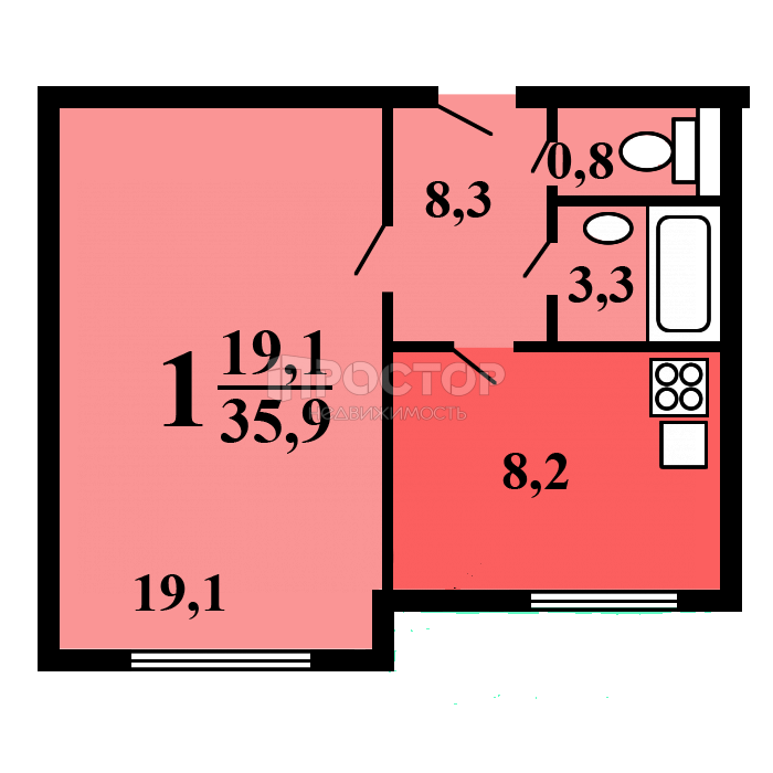 1-комнатная квартира, 35.8 м² - фото 23