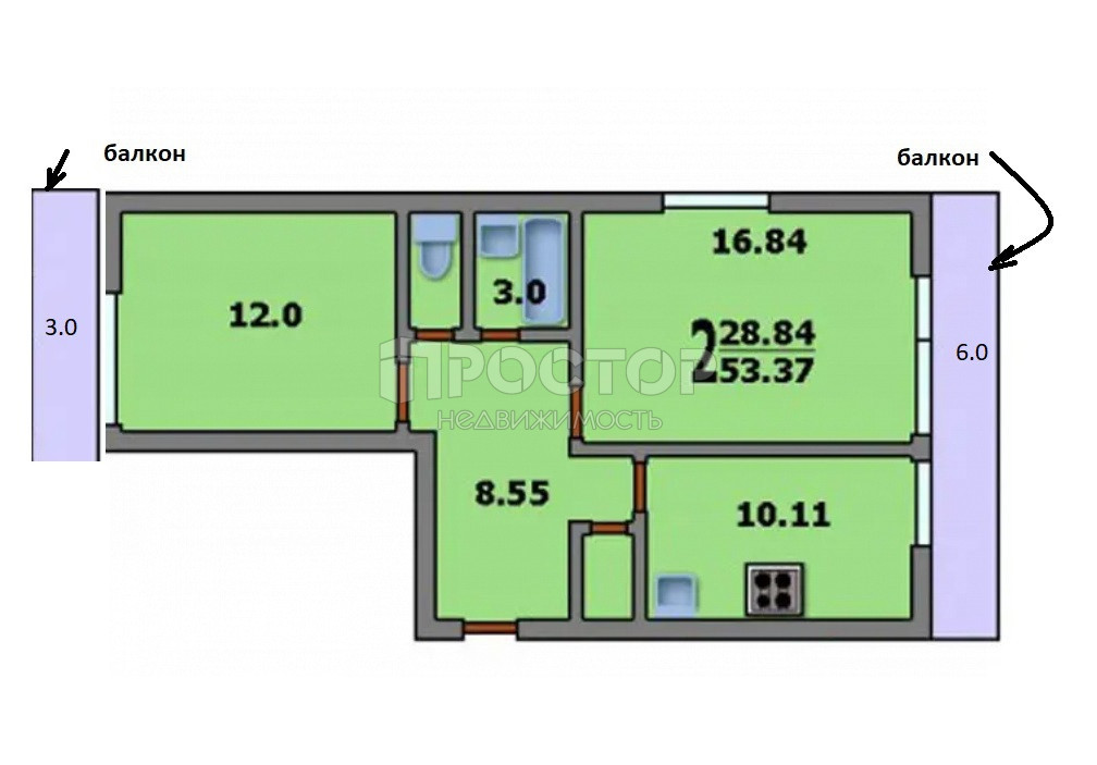 2-комнатная квартира, 53.4 м² - фото 19