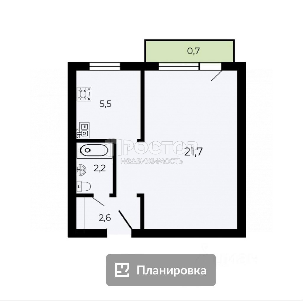 1-комнатная квартира, 32.7 м² - фото 10