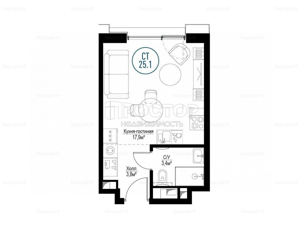 Студия, 25.1 м² - фото 2