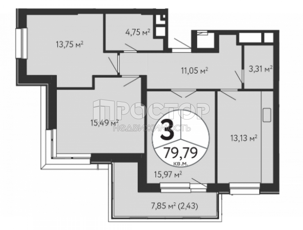 3-комнатная квартира, 79.79 м² - фото 3