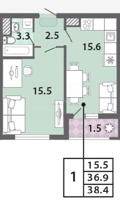 1-комнатная квартира, 38 м² - фото 23
