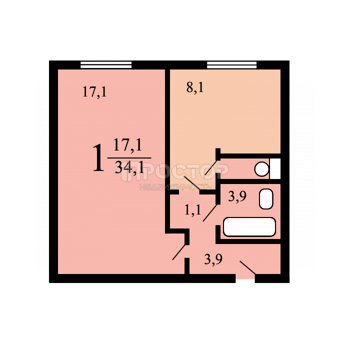 1-комнатная квартира, 34.1 м² - фото 6