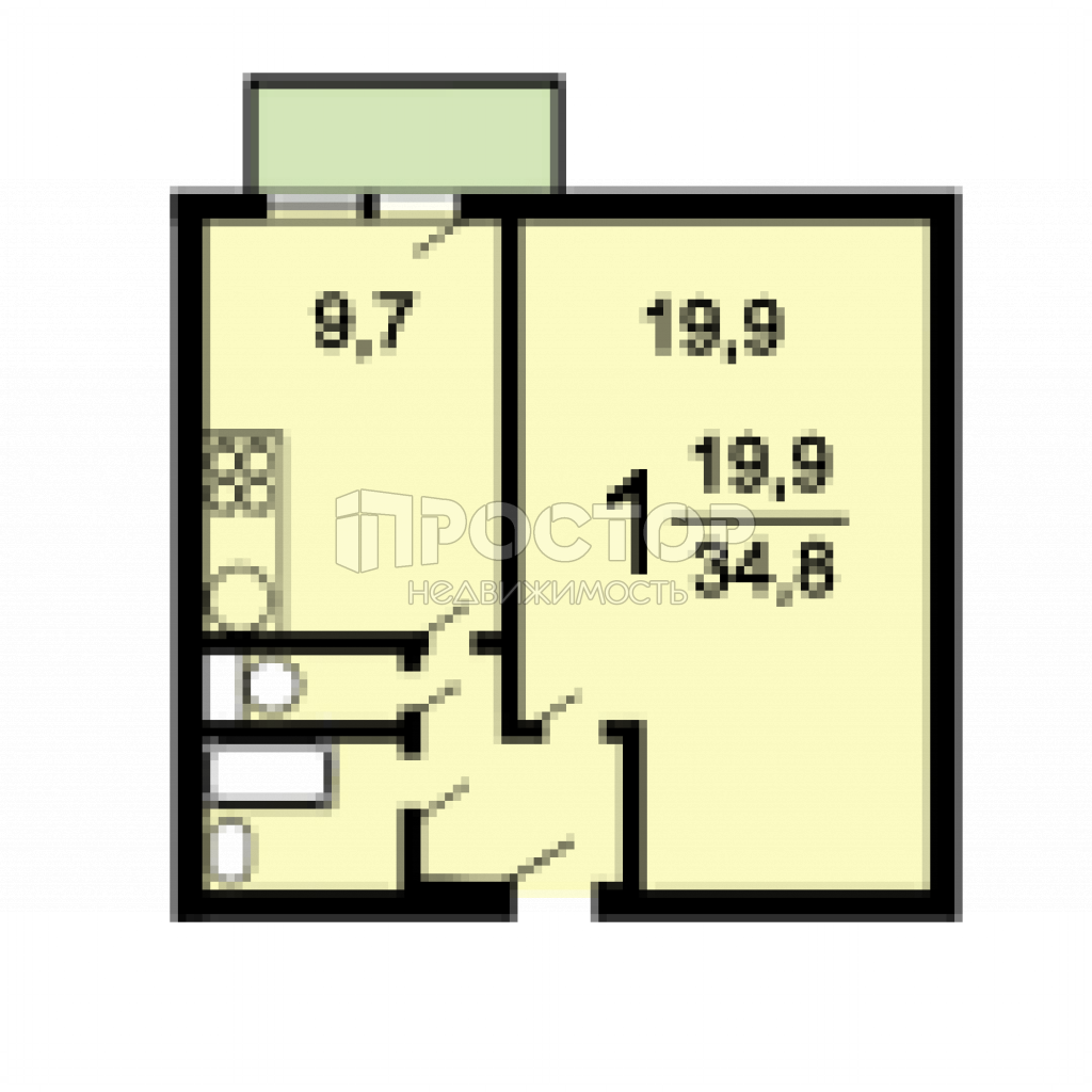 1-комнатная квартира, 37 м² - фото 14