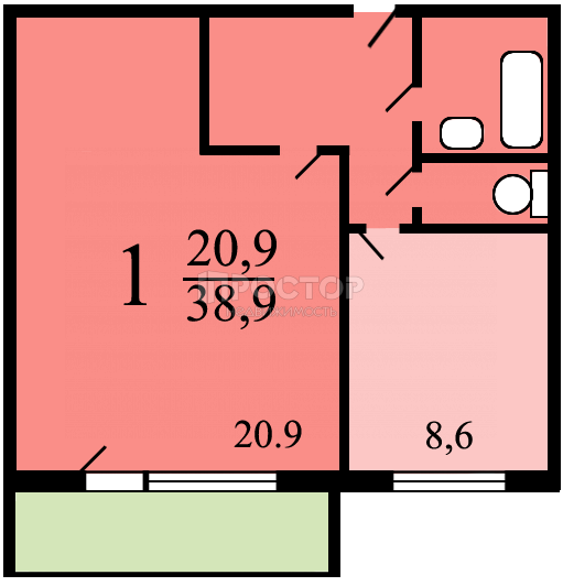 1-комнатная квартира, 38 м² - фото 10