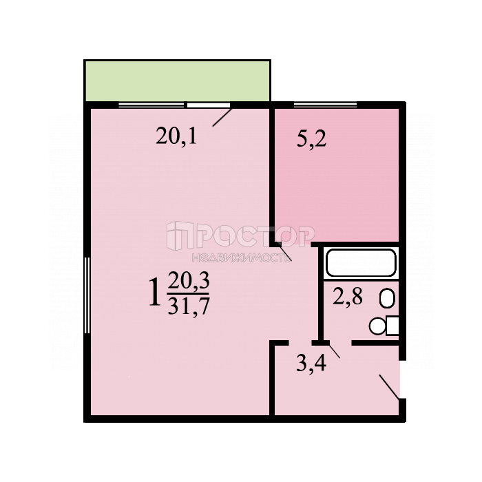 1-комнатная квартира, 32 м² - фото 7