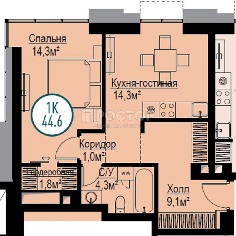 2-комнатная квартира, 44.6 м² - фото 7