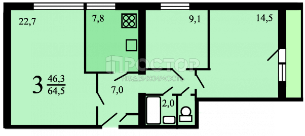 3-комнатная квартира, 64 м² - фото 11