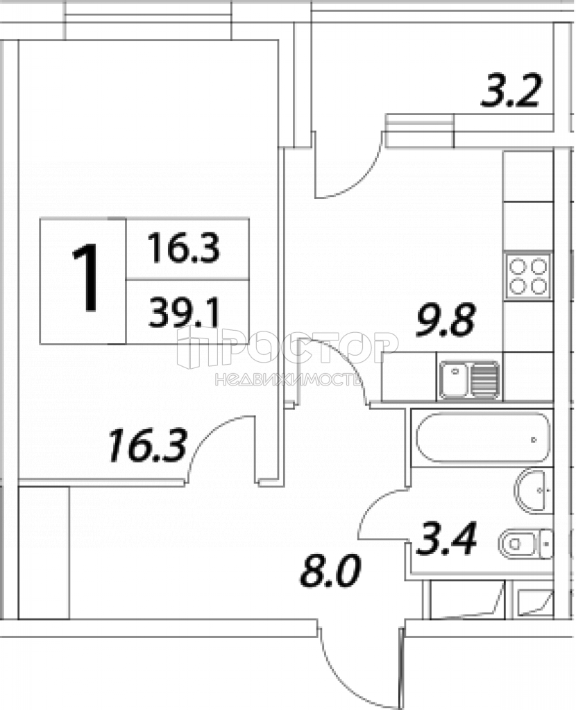 1-комнатная квартира, 39.1 м² - фото 5