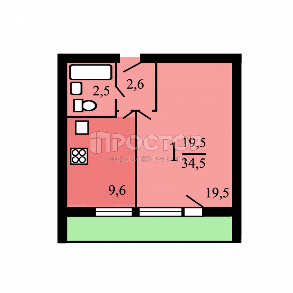1-комнатная квартира, 34.5 м² - фото 4