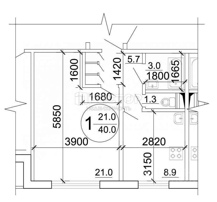 1-комнатная квартира, 40 м² - фото 8