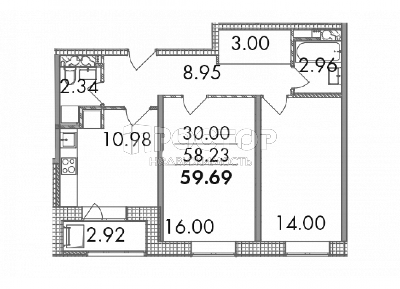 2-комнатная квартира, 59.69 м² - фото 9