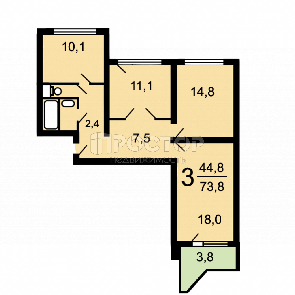 3-комнатная квартира, 75 м² - фото 15