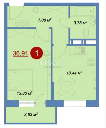 1-комнатная квартира, 37 м² - фото 2