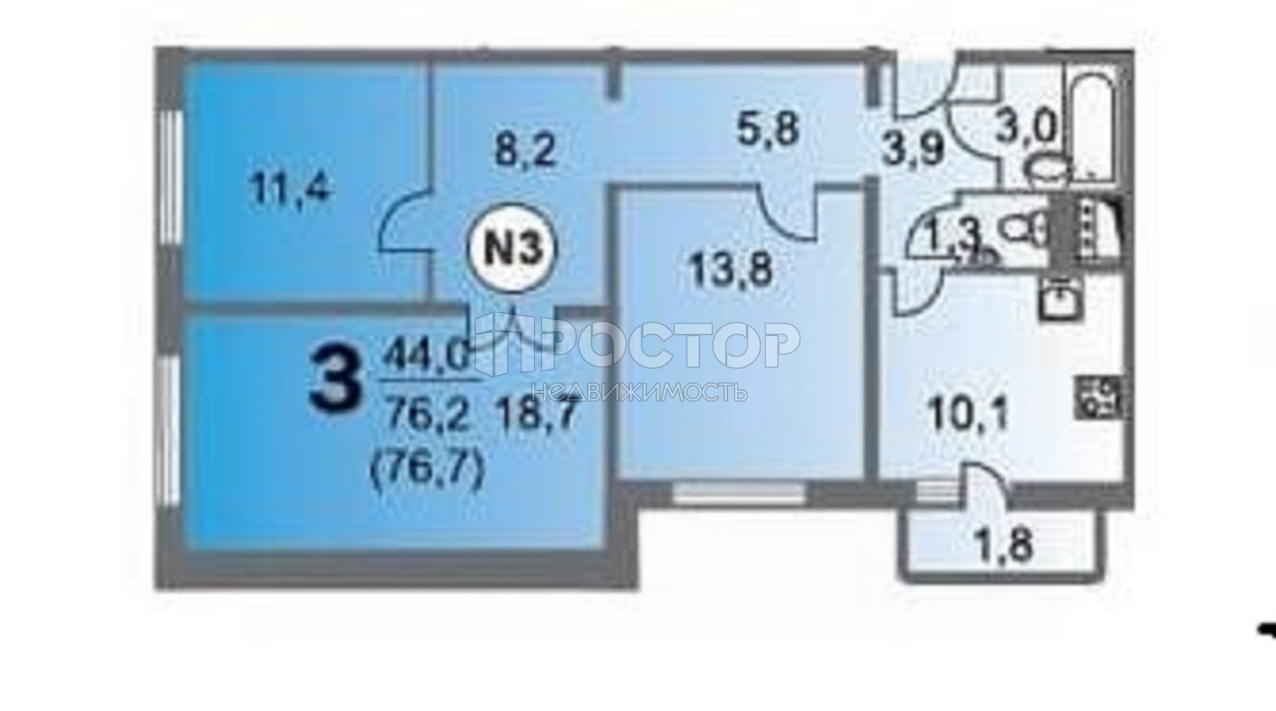 3-комнатная квартира, 76.4 м² - фото 21