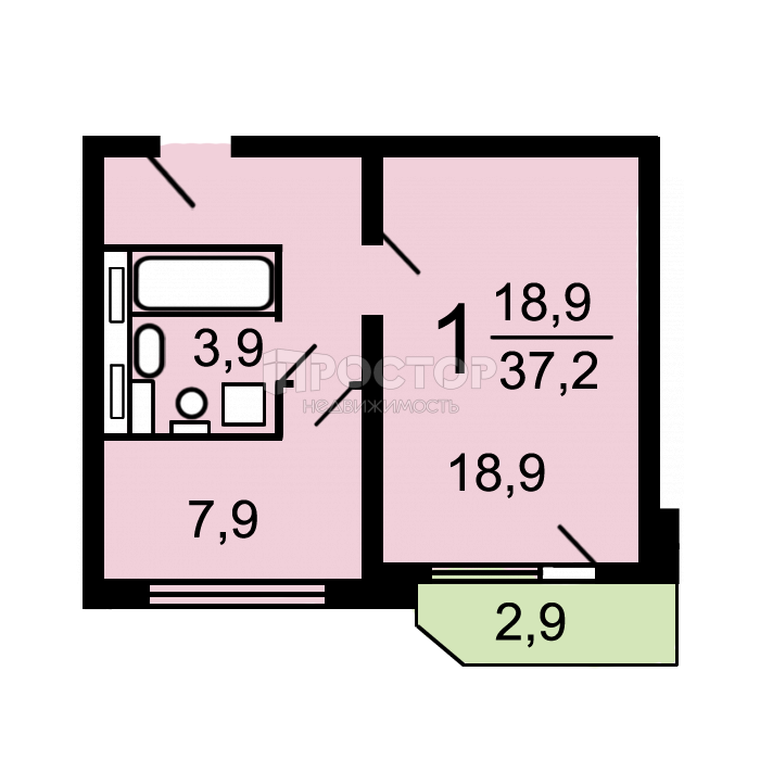 1-комнатная квартира, 38 м² - фото 21