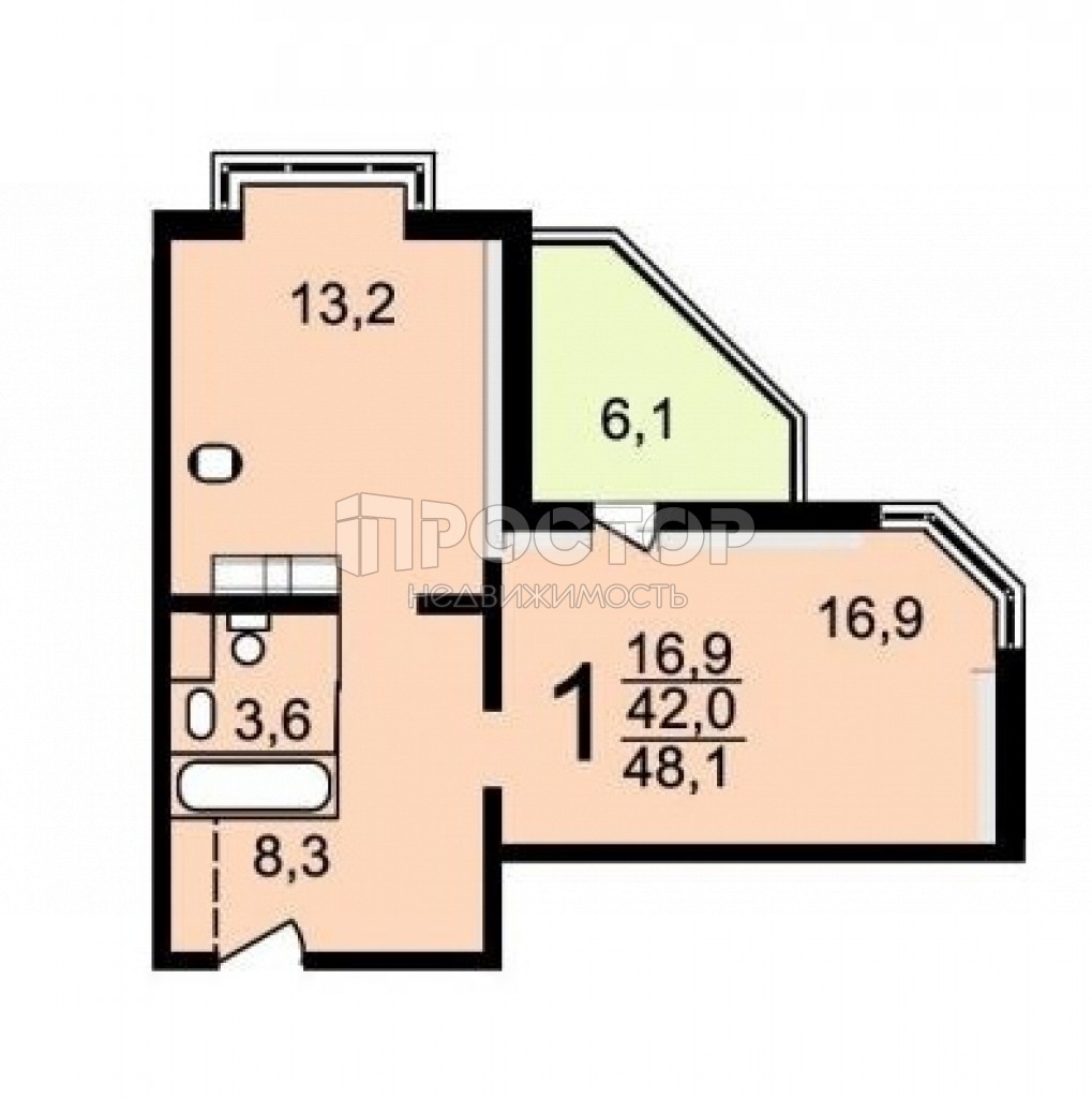 1-комнатная квартира, 48 м² - фото 13