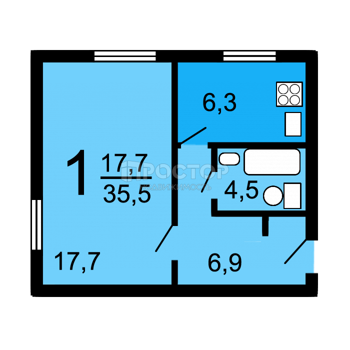 1-комнатная квартира, 34 м² - фото 17