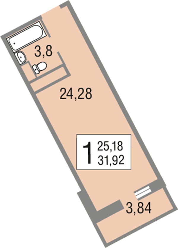 1-комнатная квартира, 31.9 м² - фото 2