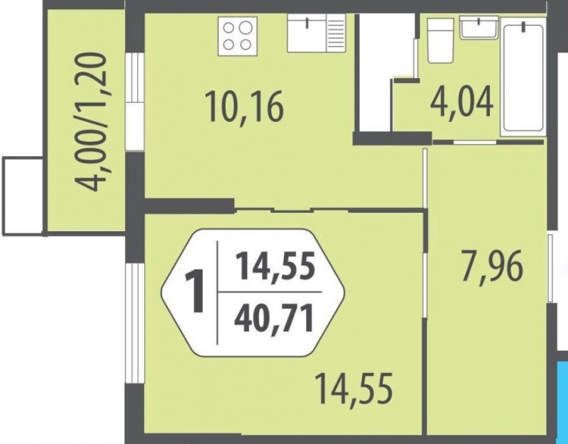 1-комнатная квартира, 40.71 м² - фото 2