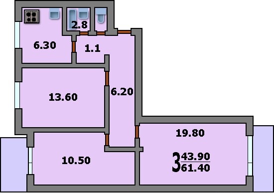 3-комнатная квартира, 59 м² - фото 10