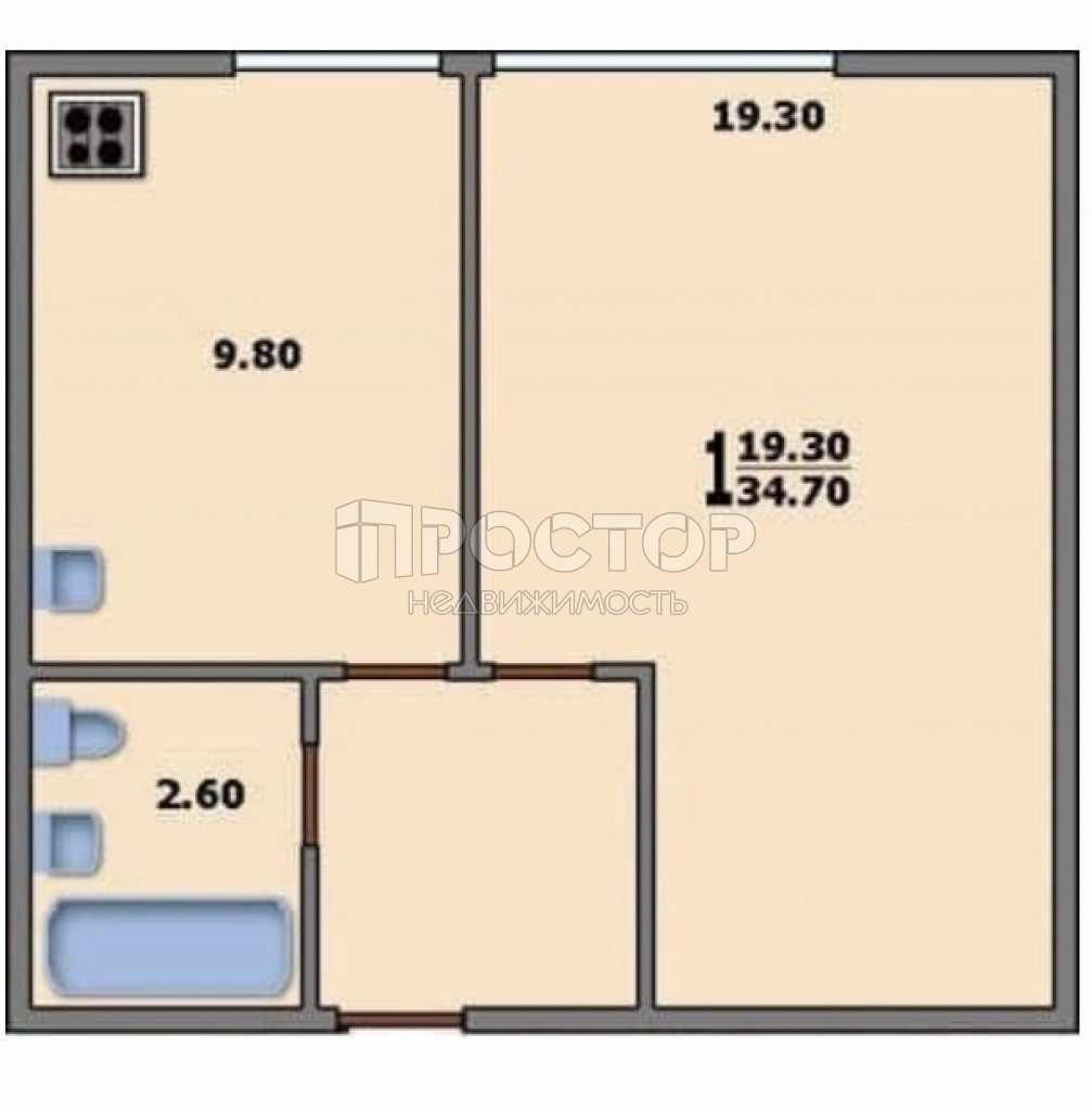 1-комнатная квартира, 34.7 м² - фото 2