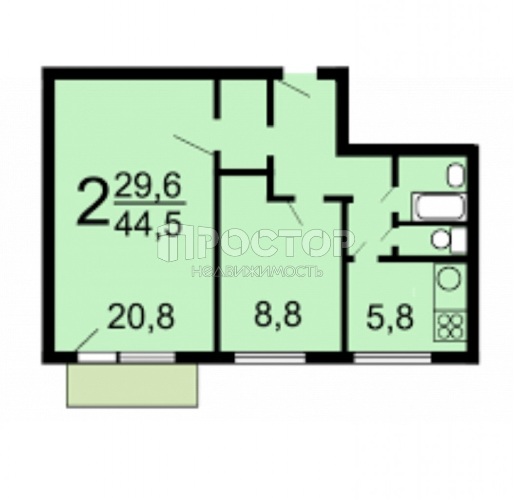 2-комнатная квартира, 44.53 м² - фото 4