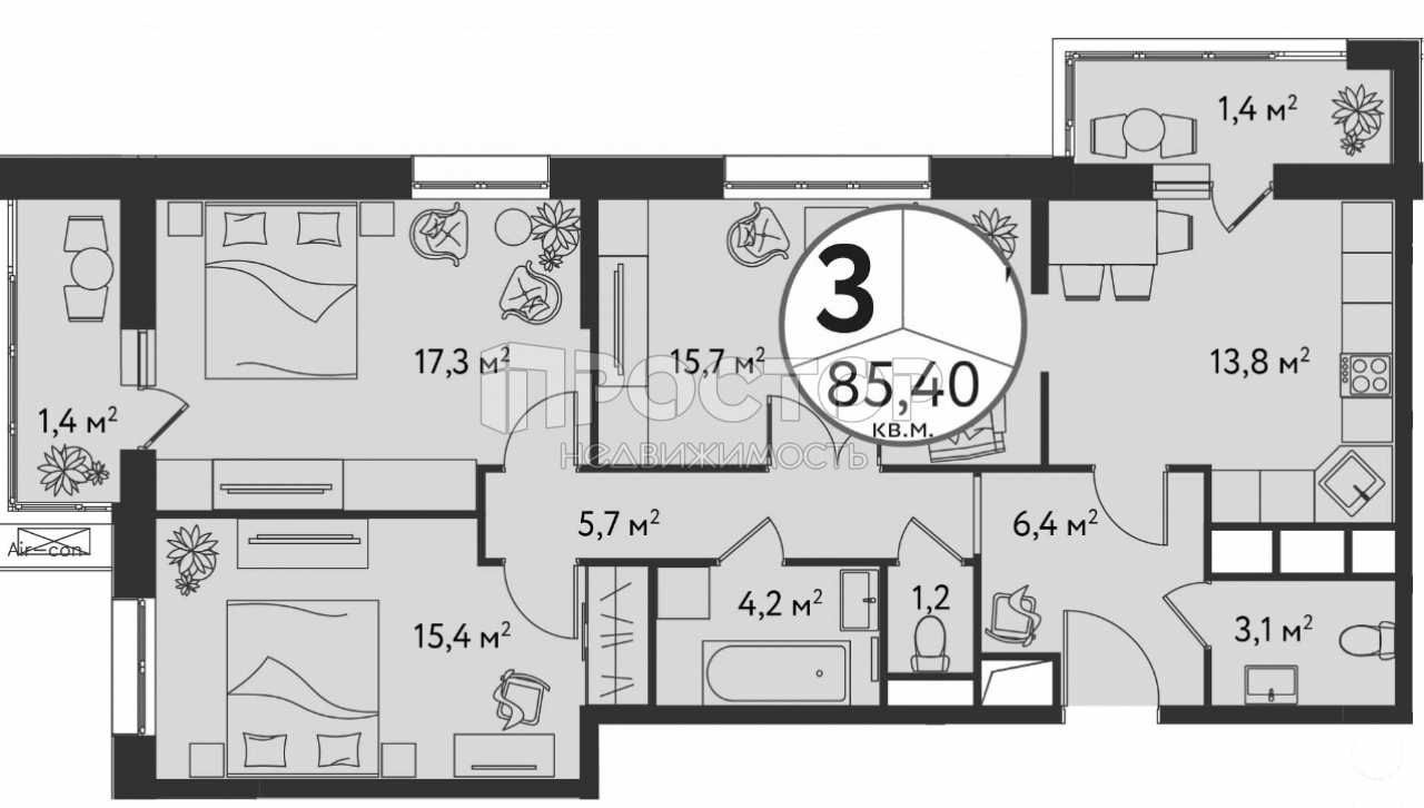 3-комнатная квартира, 85.4 м² - фото 9