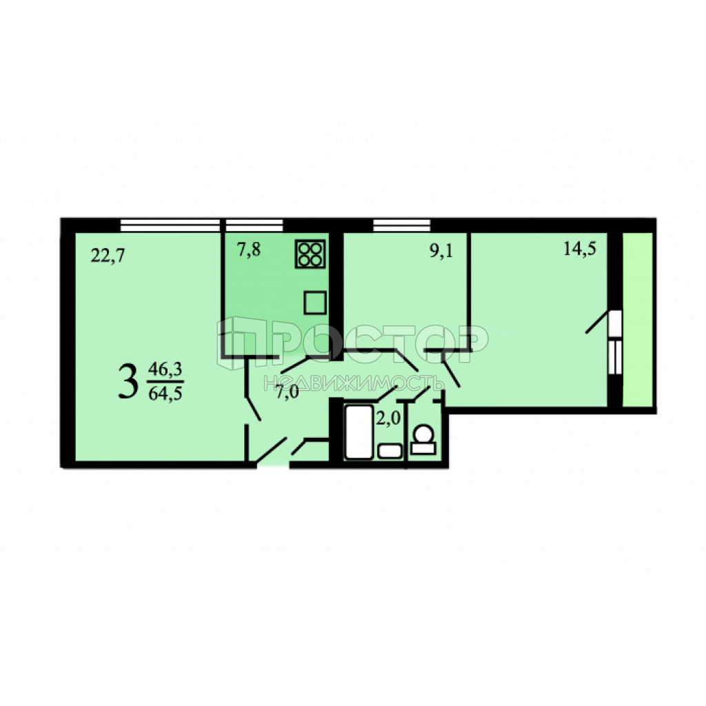 3-комнатная квартира, 64.2 м² - фото 2