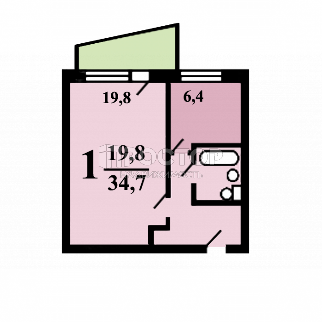 1-комнатная квартира, 34.7 м² - фото 5