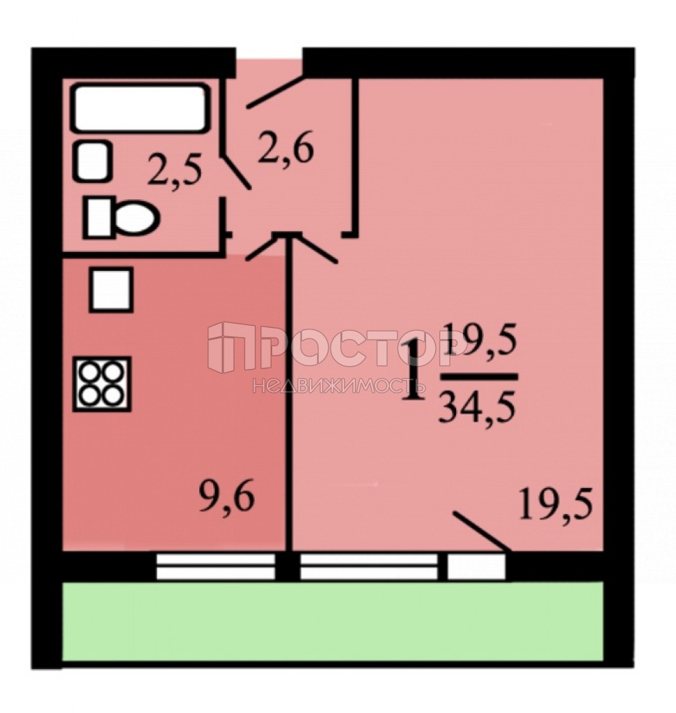 1-комнатная квартира, 34.9 м² - фото 2