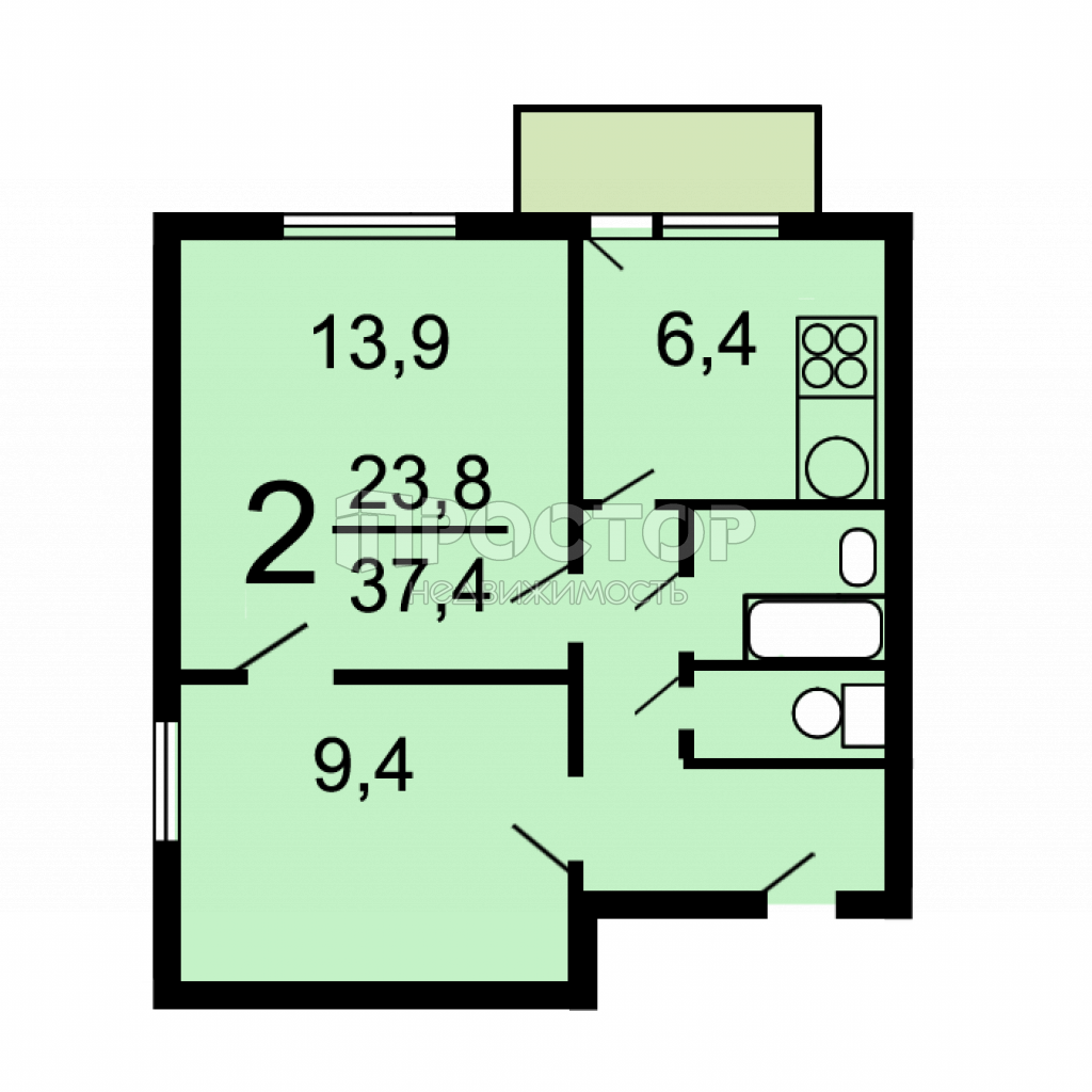 2-комнатная квартира, 40 м² - фото 2