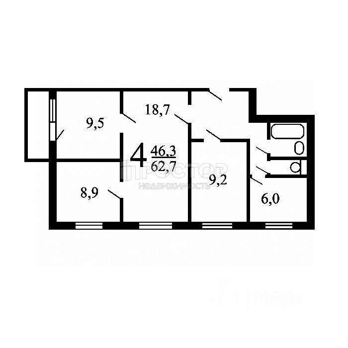 4-комнатная квартира, 62.4 м² - фото 4