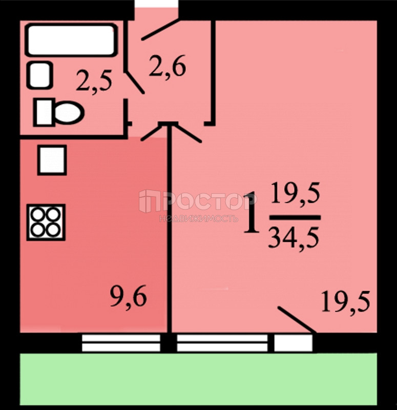 1-комнатная квартира, 34.5 м² - фото 9