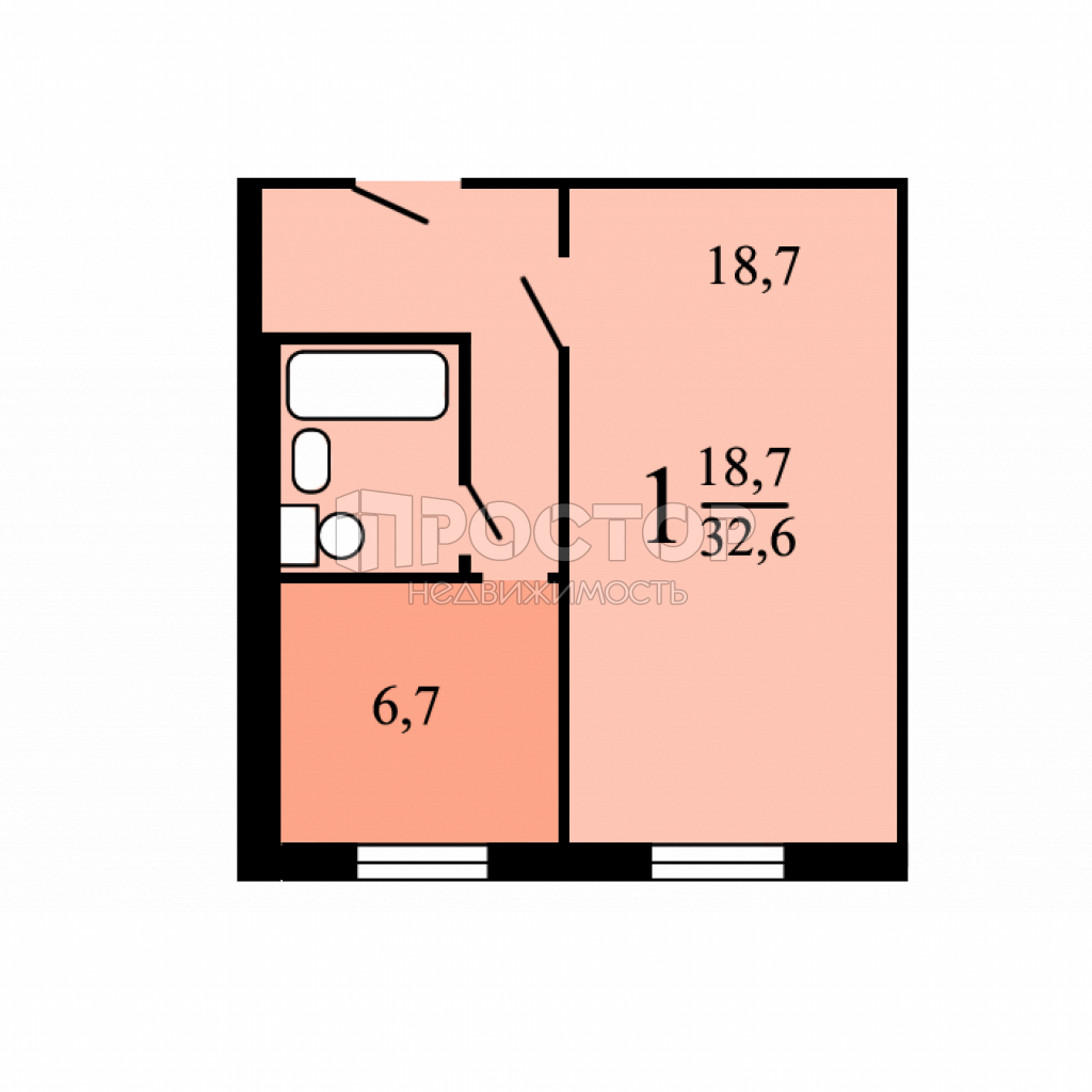 1-комнатная квартира, 32.6 м² - фото 5