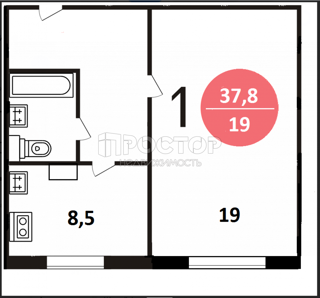 1-комнатная квартира, 37.8 м² - фото 13