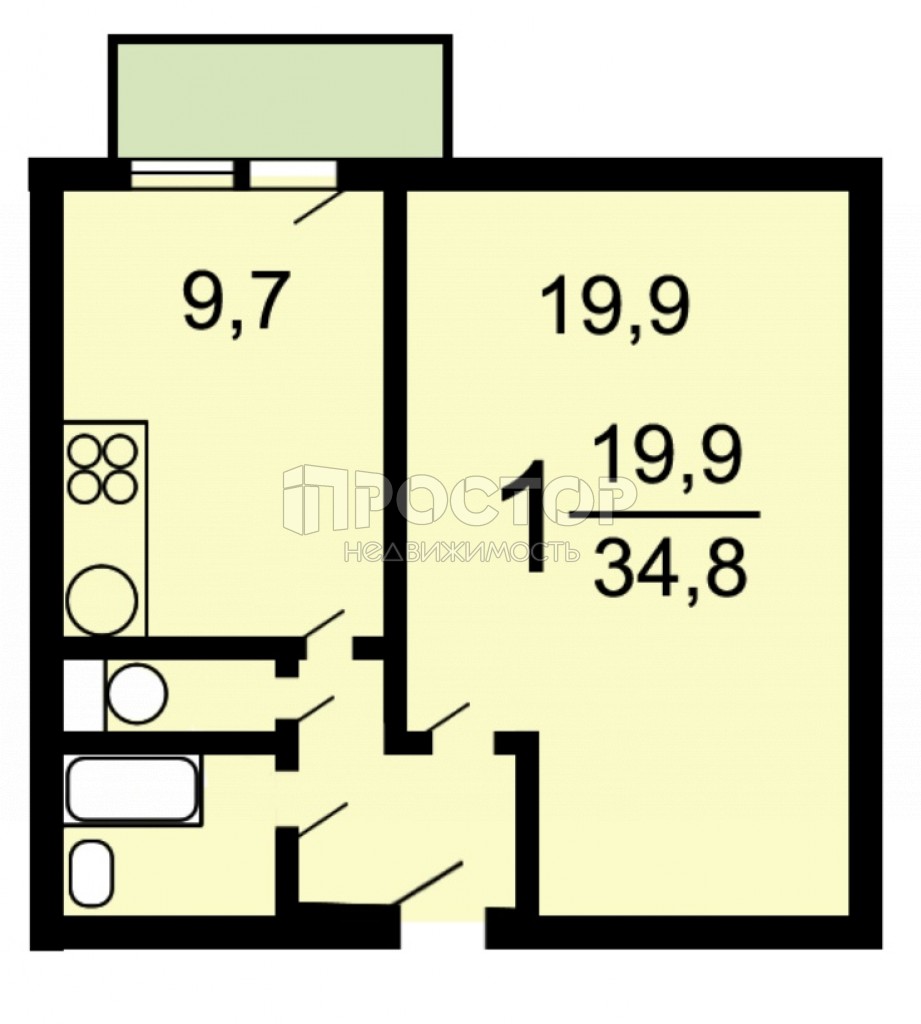 1-комнатная квартира, 34.8 м² - фото 2