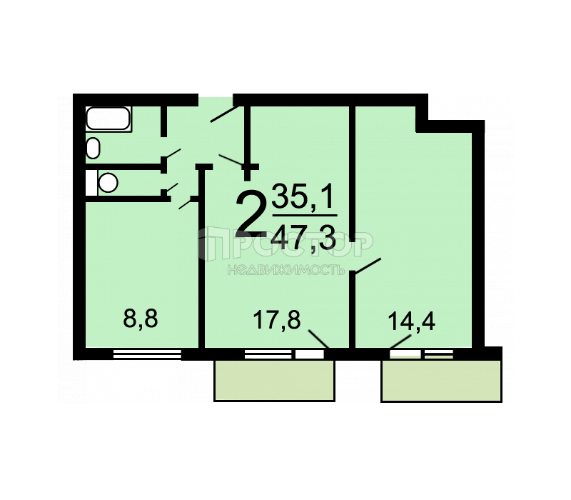 2-комнатная квартира, 47 м² - фото 18
