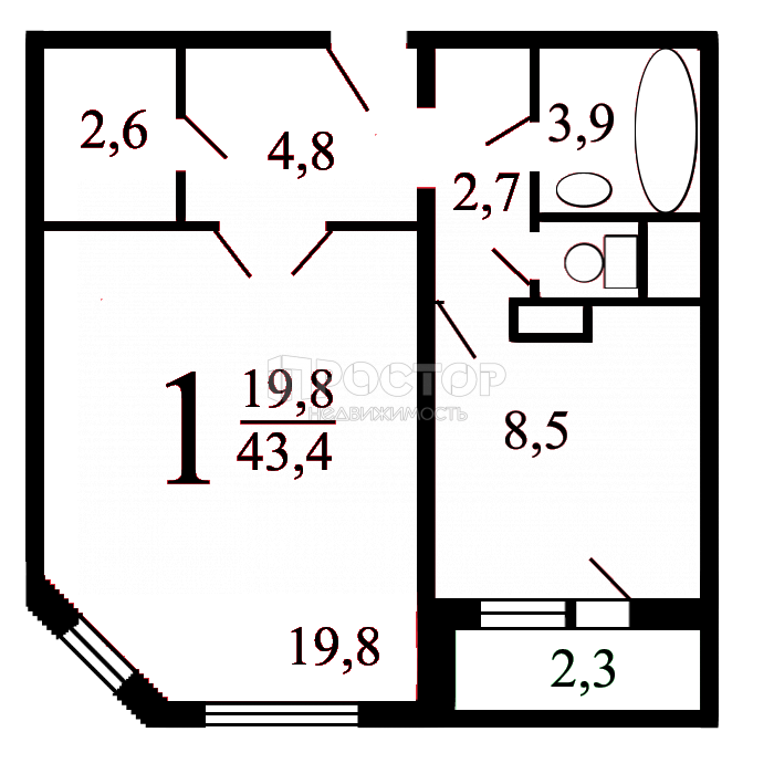 1-комнатная квартира, 42.6 м² - фото 7