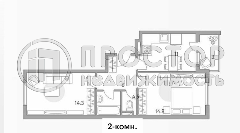 2-комнатная квартира, 54.2 м² - фото 2