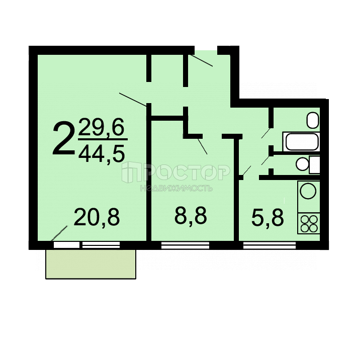 2-комнатная квартира, 44.8 м² - фото 7