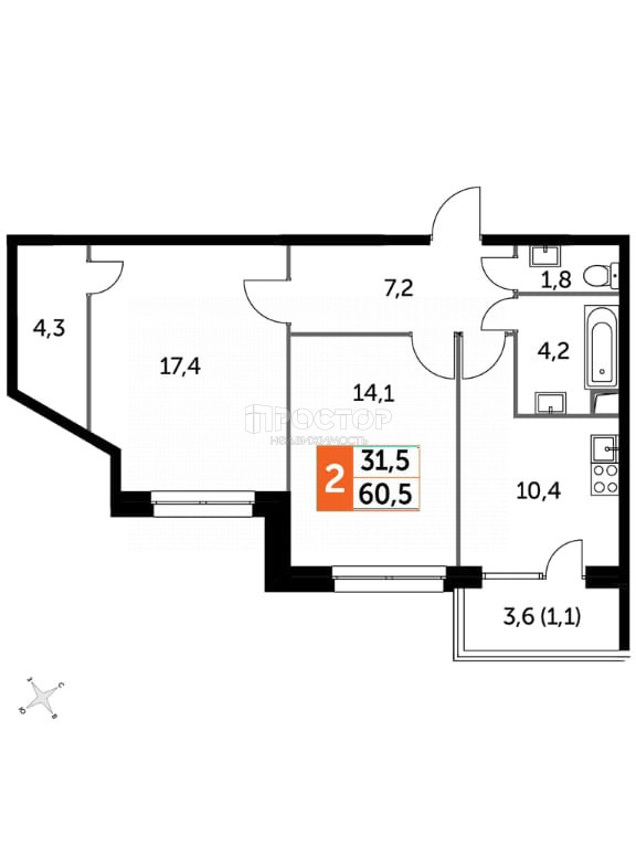 2-комнатная квартира, 60.8 м² - фото 2